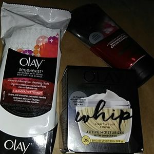Olay facial cleanser, cleansing cloths, moisturize